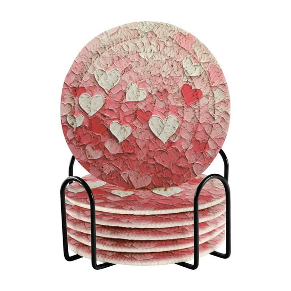 Pink Heart Gradient Drink Coasters with Holder Absorbent Coaster for Coffee Table Room Decor 6 Pack