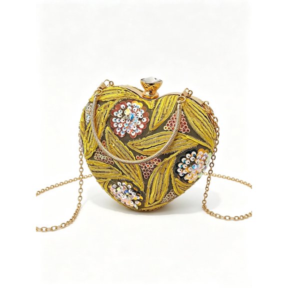 Women’s Gold Heart Shaped Clutch Purse, Embroidered Sequin Evening Handbag with Chain Strap