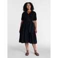 thumbnail image 2 of Time and Tru Women's Mixed Media Midi Dress with Puff Sleeves, Sizes XS-XXXL, 2 of 5