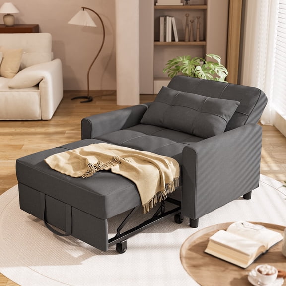 Asofer 3-in-1 Convertible Sleeper Sofa Chair, Adjustable Backrest Futon Couch, Linen Fabric Multi-Functional Recliner Chair Bed, Space Saving Furniture for Living Room Apartment Office, Dark Gray