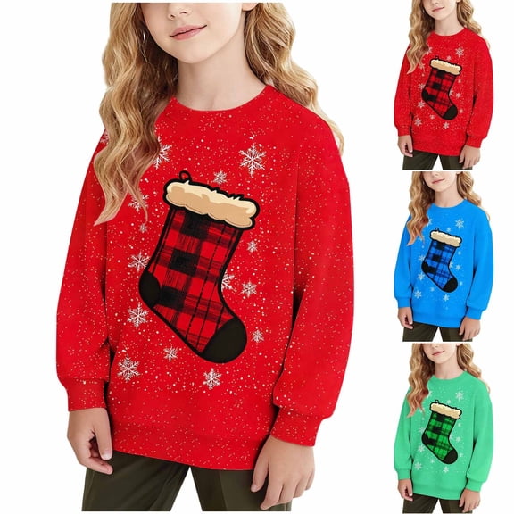 hengsof Toddler Girls Christmas Sweatshirts Kids Fashion Christmas Print Sweaters Long Sleeve Hoodless Pullover Tops