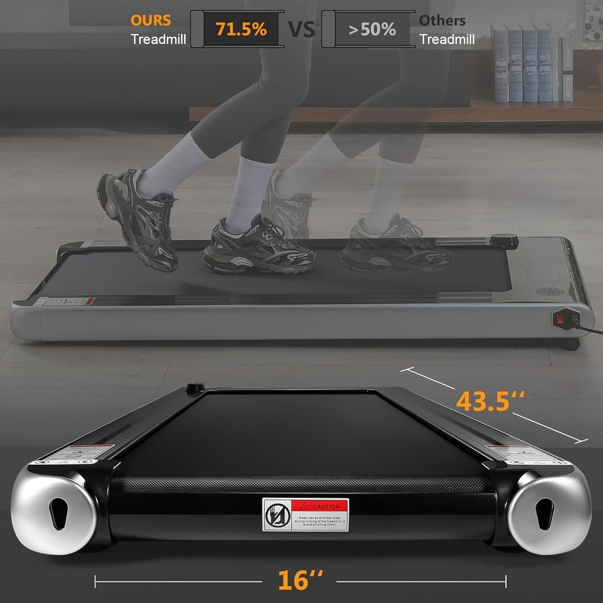 WildBreak 2.25 HP Walking Pad, Under Desk Treadmill, 43.5 x 16", No Assembly Needed, Silver & Black