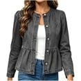 thumbnail image 5 of QIYAGBSA Denim Jacket for Women Soft Collarless Button Down Peplum Ruffle Hem Long Sleeve Slim Fit Fall Casual Outerwear Stretch Layer Everyday Wear (Gray, XL), 5 of 9