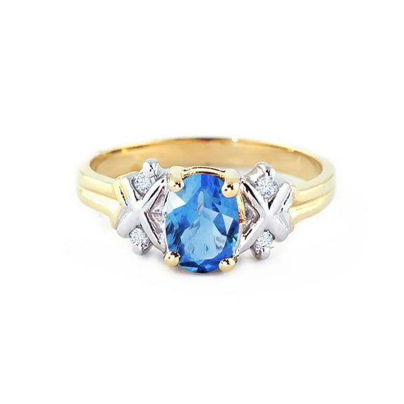 Galaxy Gold 14k Yellow Gold Ring with Genuine Diamonds and Natural Oval-Shaped Blue Topaz - Size 5.5