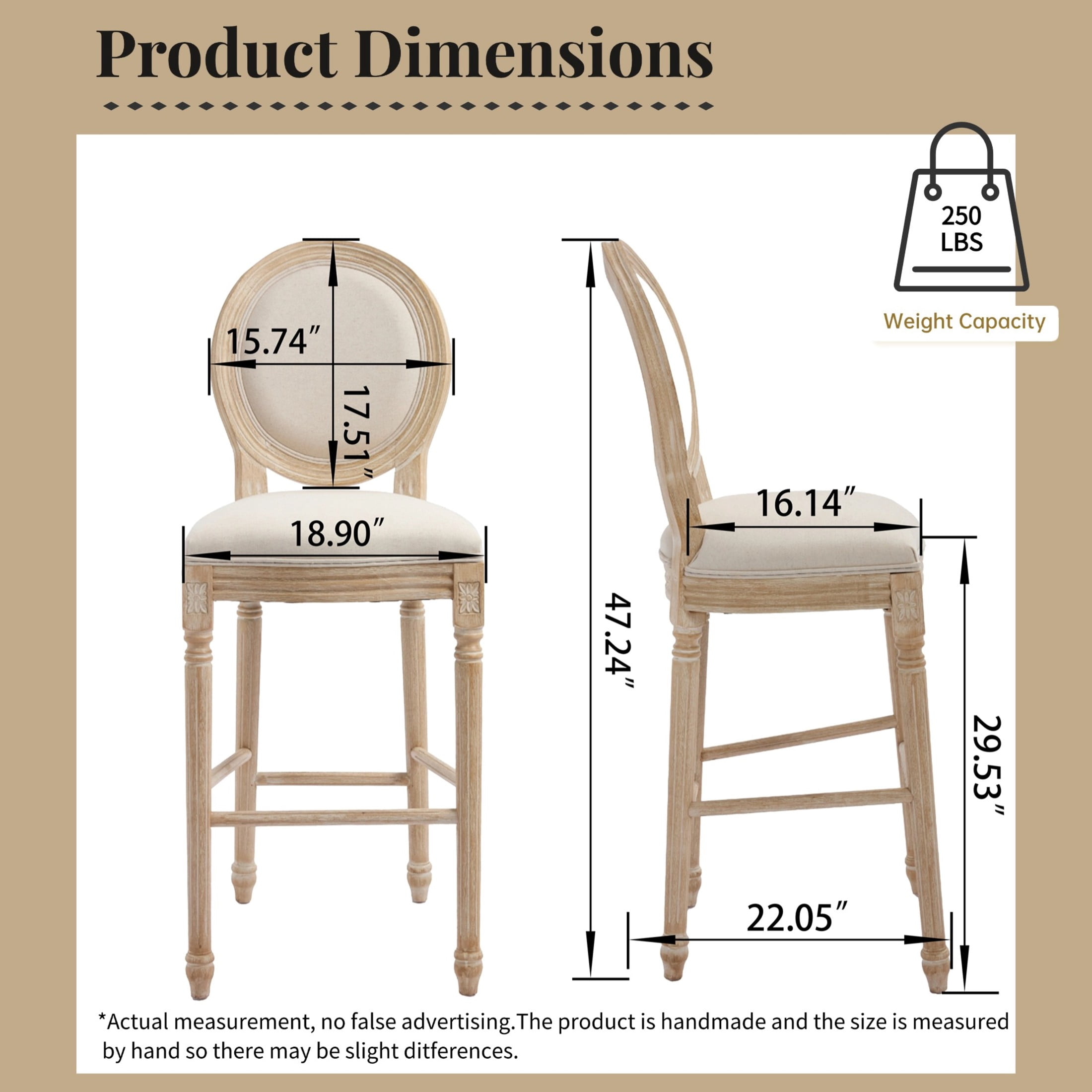 Noble House French Country 30" Height Bar Stools with Cushion Back and Carved Solid Wood Legs, Beige, Set of 2