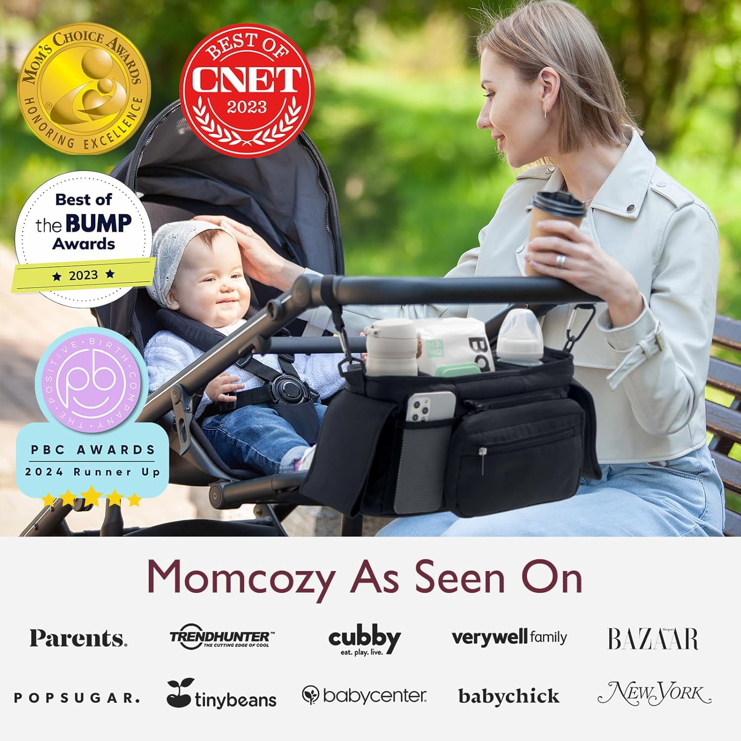 Momcozy Universal Stroller Organizer with Insulated Cup Holder & Shoulder Strap, Black