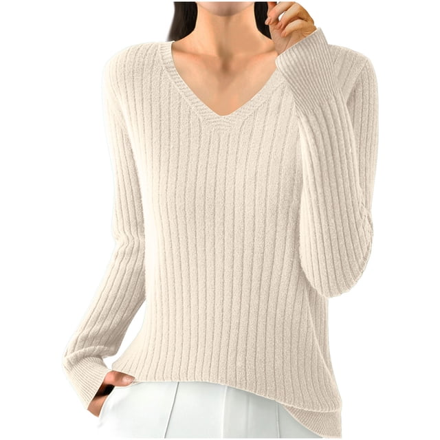 tarylea Trendy Tops for Women Ribbed Knitted V Neck Sweater Long Sleeve Fall Spring Pullover Casual Wear Dailywear