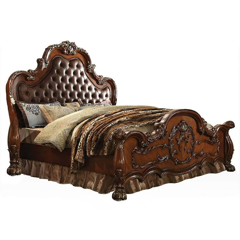 Acme Dresden Queen Bed, Synthetic Leather & Cherry Oak, All Age