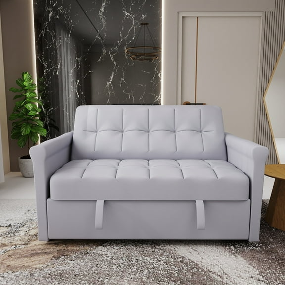 2-SEATER CONVERTIBLE VELVET LOVESEAT SOFA BED – GRAY PULL-OUT SLEEPER COUCH WITH SIDE POCKET, COMPACT DESIGN FOR SMALL SPACES, APARTMENT, GUEST ROOM