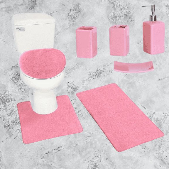 Chenille Non Slip Mat Rug for Bathroom #6 Pink Color 1 Mat ,1 Contour Mat, 1 Lid Cover & 4pc Matching Ceramic Accessories