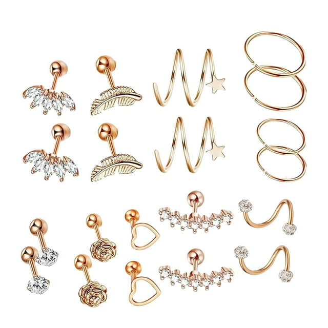 10 Pairs Tiny Stud Ears Set Heart Disc Ball Small Flat Back Ears Stainless Steel Barbell Ears Set Rose