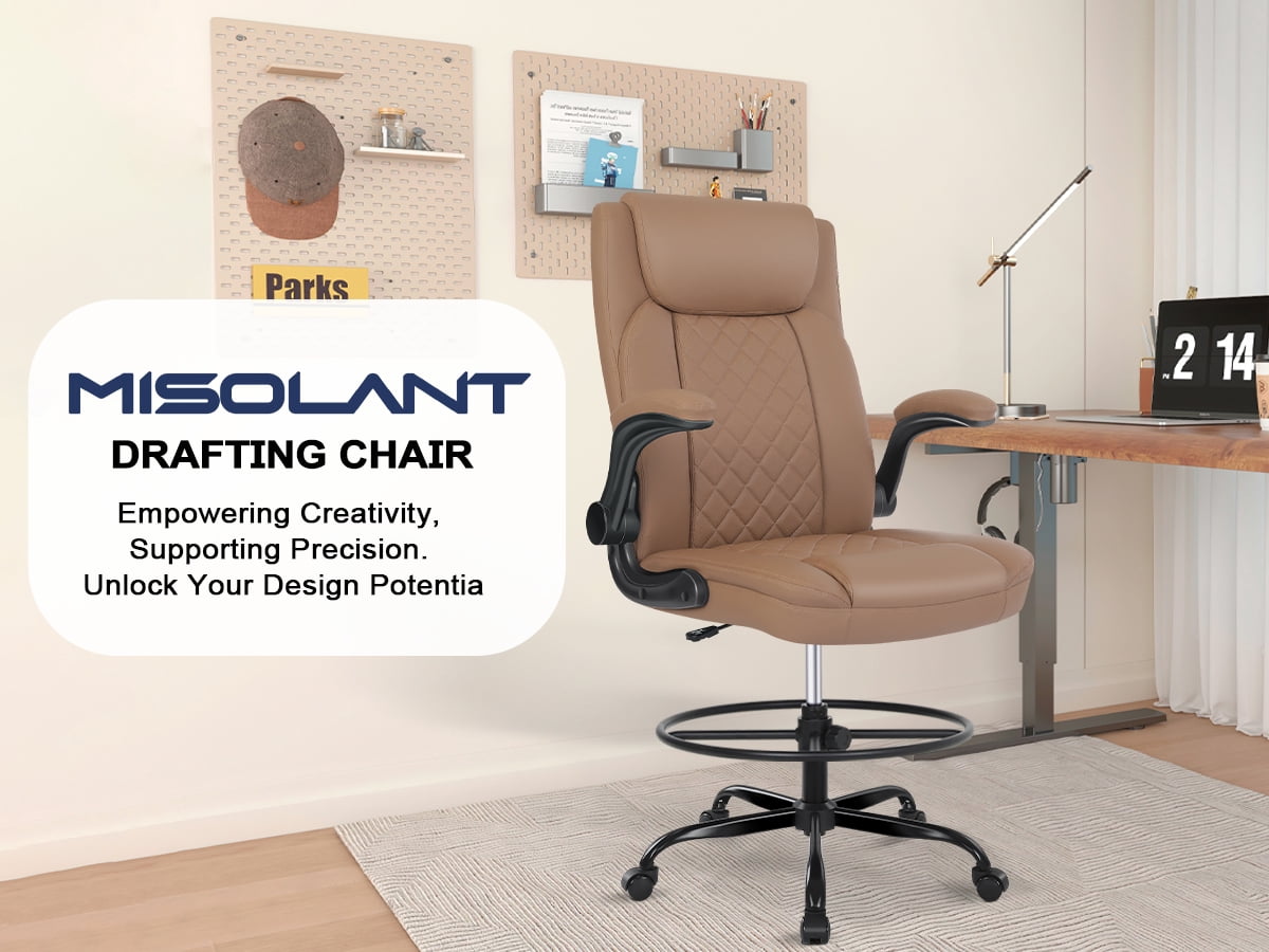 Misolant Drafting Chair, Tall Office Chair for Standing Desk, Standing Desk Chair with Adjustable Height and Flip-up Arm, Leather Drafting Chair, High Office Chair for Counter Height Desk