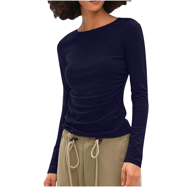 Timegard Womens Going out Tops Side Ruched Crewneck Slim Blouse Fall Casual Comfort Tops Basic Tee