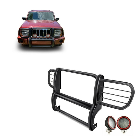 Black Horse Grille brush Bumper Guard Modular Black Come With Pair of 5.3" Dia.LED Lights with Red Trim Rings Compatible with 2006-2010 Jeep Commander-17A081000MA-PLFR