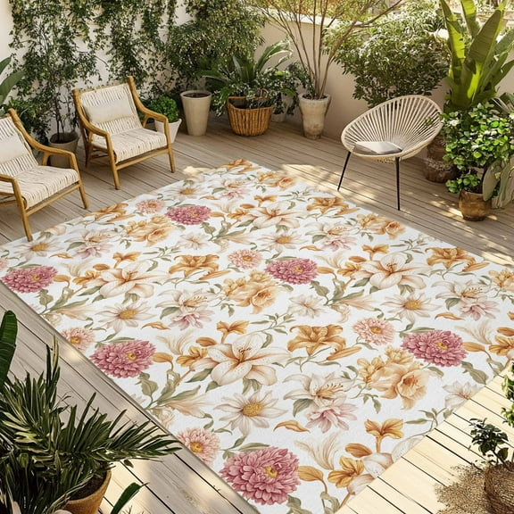 Fsddascl Spring Flowers Outdoor Rug for Patio/Deck/Porch, Non-Slip Large Area Rug 4 x 6 Ft, Seasonal Botanical Blooms Floral Leaves Indoor Outdoor Rugs Washable Area Rugs, Camping Rug Carpet