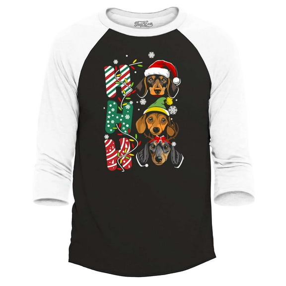 Shop4Ever Men's Ho Ho Ho Christmas Daschund Weiner Dogs Raglan Baseball Shirt X-Small Black/White