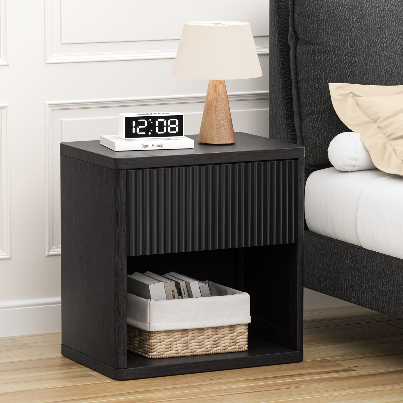 Brafabhome Fluted Nightstands with Drawers, Modern Bedside Table with Hidden Drawer, Accent End Table with Storage Shelf for Bedroom Living Room, Set of 2 | Black