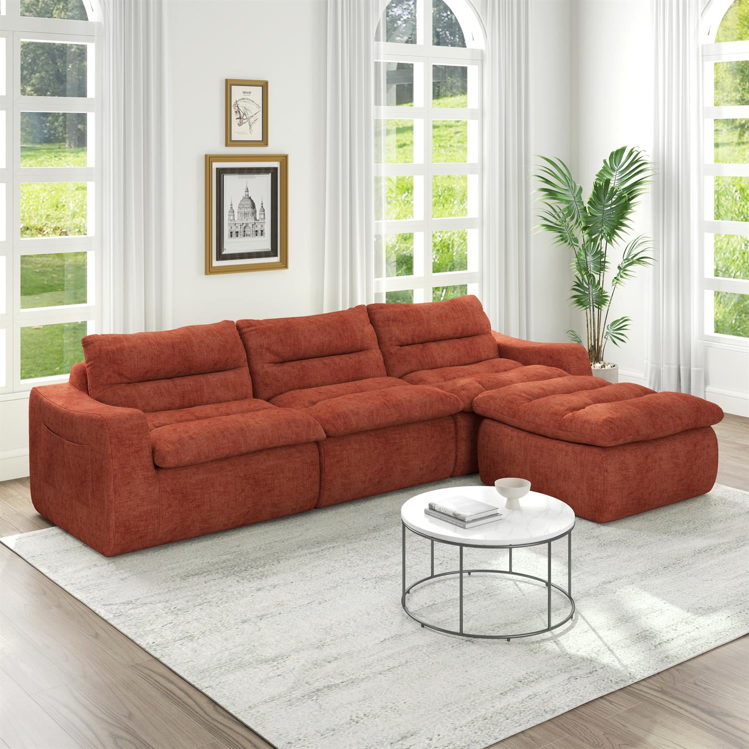 Demi Bonn 116" Modern L-Shaped Modular Sofa, Comfortable Beanbag Style, Stylish Lazy Couch for Living Rooms and Relaxation, Orange