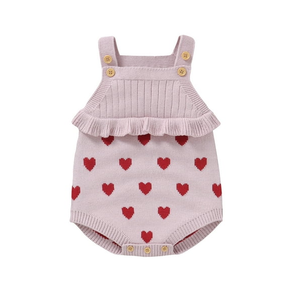 Musuos Baby Girls Knitting Jumpsuit 6 9 12 18 24M Heart Print Ruffled Square Neck Sleeveless Sweater Overalls Valentine's Day Outfits