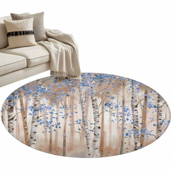 Blue Grey Forest Round Area Rug 4 FT, Non Slip Indoor Outdoor Rug, Grey Modern Art Oil Painting Washable Soft Circular Carpet Non-Shedding Floor Mat for Coffee Table Nursery Foyer Balcony