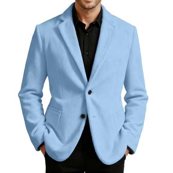 Fgnfyis Suit Jacket for Men Corduroy Solid Color Casual Jacket for Business Holiday Party and Formal Events with Classic Notch Lapel Jackets for Men Sky Blue S