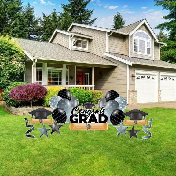 VictoryStore Congrats Grad Silver Graduation Yard Display, Outdoor Gold Graduation Decoration Display 11 Piece Set