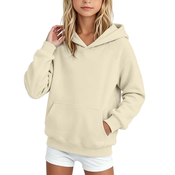 ZACPNCV Girls Hoodie Sweatshirt Solid Color Long Sleeve Hooded Sweatshirts Casual Fall Winter Warm Pullover for Toddler Kids 3-13 Years A-Beige