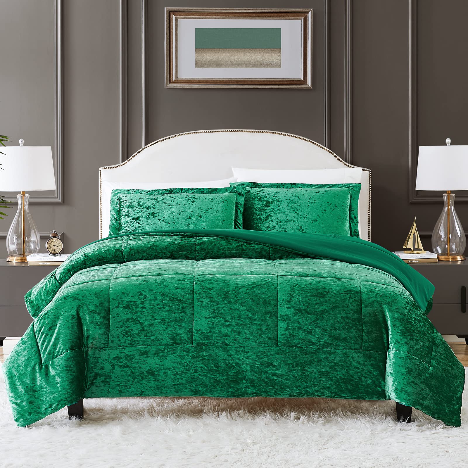 WRENSONGE Velvet King Comforter Set, 3 Piece Green Luxury Crushed
