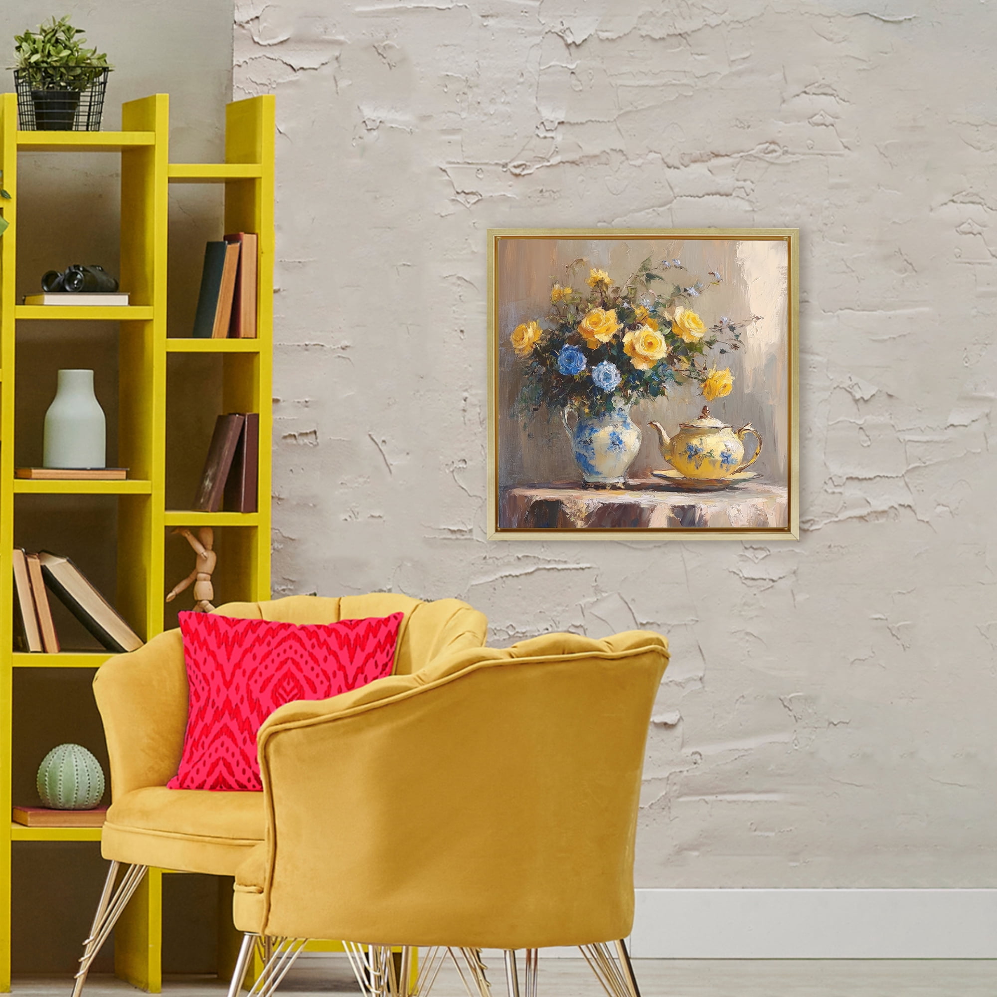 Stupell Industries Tea Time Blue & Yellow Bouquet Gold Framed Floater Canvas Wall Art, design by Petal Prints Design