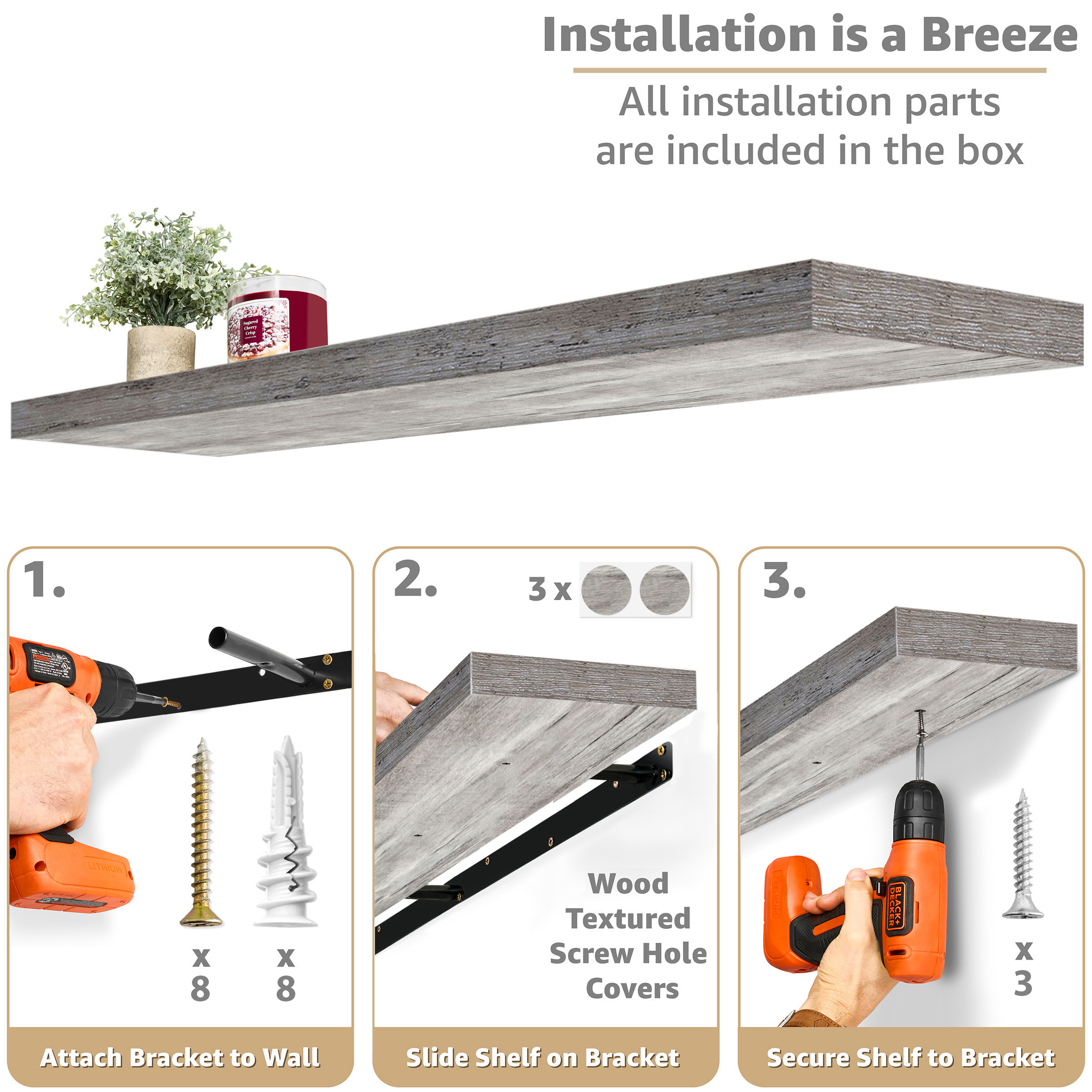 Sorbus 55in Extra-Long Floating Shelves, Wall-Mounted Storage with Hidden Brackets, Gray 2-Pack
