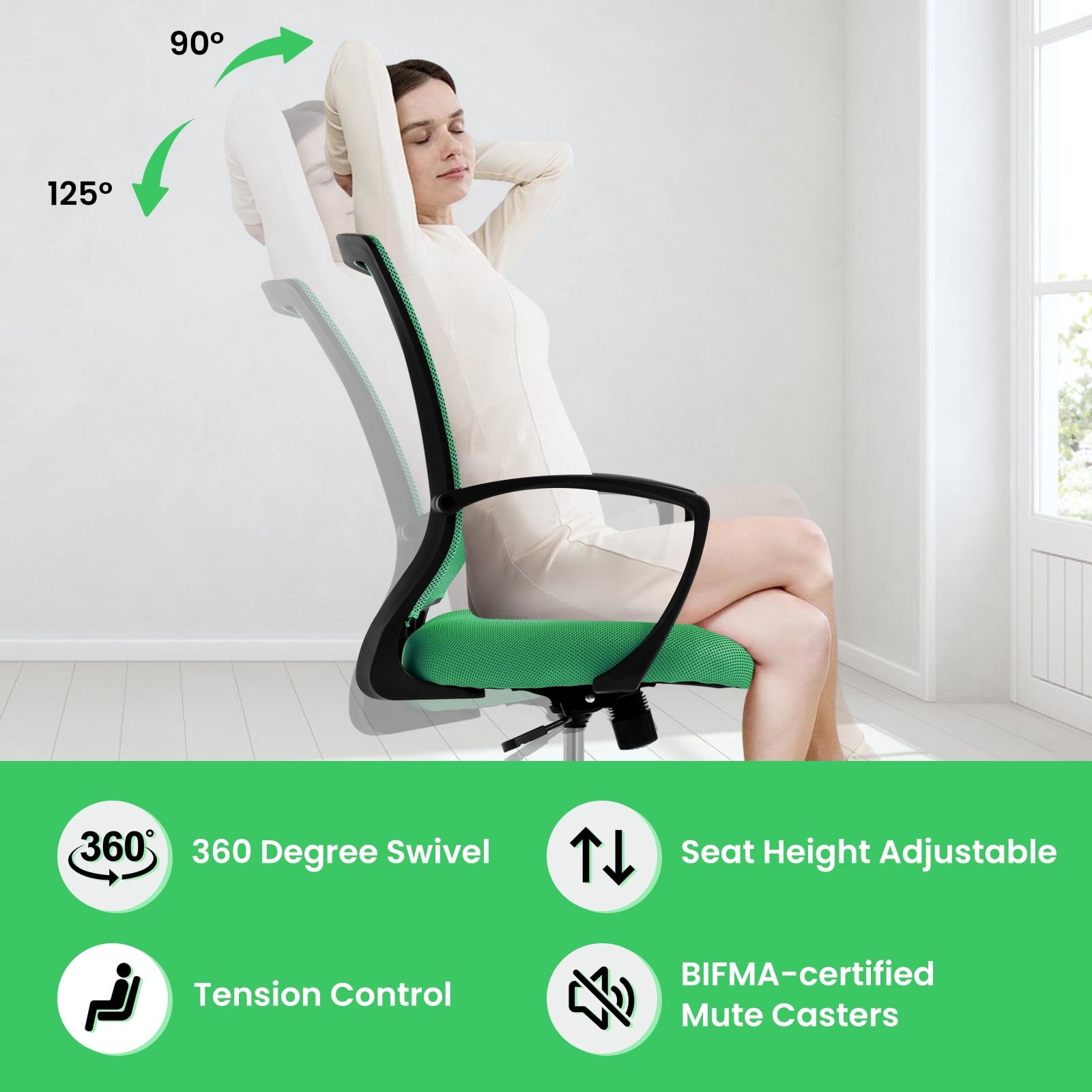 Dkelincs Office Desk Chair Adjustable Mesh Mid Back Office Chair Ergonomic Computer Chair with Lumbar Support & Wheels, Green