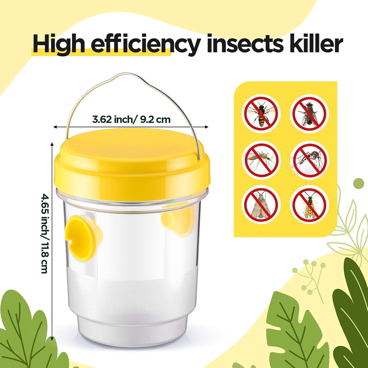 4-Pack Solar Wasp Traps Outdoor Hanging, Reusable Solar Bee Trap for Outside with LED Light, Hornet Traps, Bee Wasp Catcher Outside Garden, Yellow