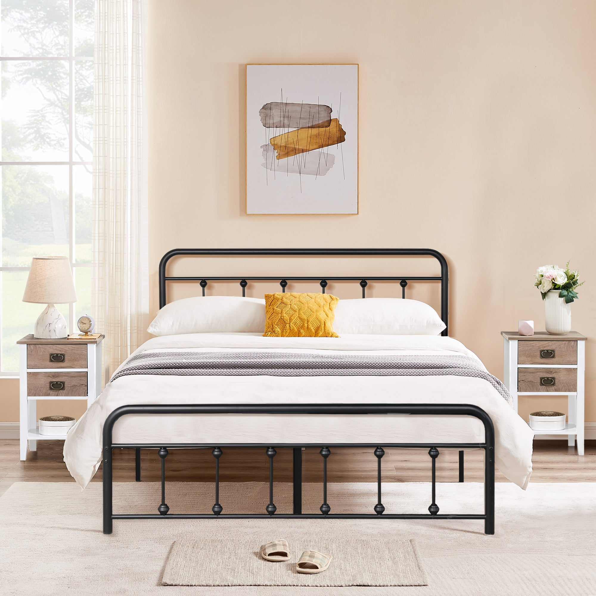 VECELO 3-Piece Bedroom Set with Queen Metal Bed Frame and 2 Oak ...