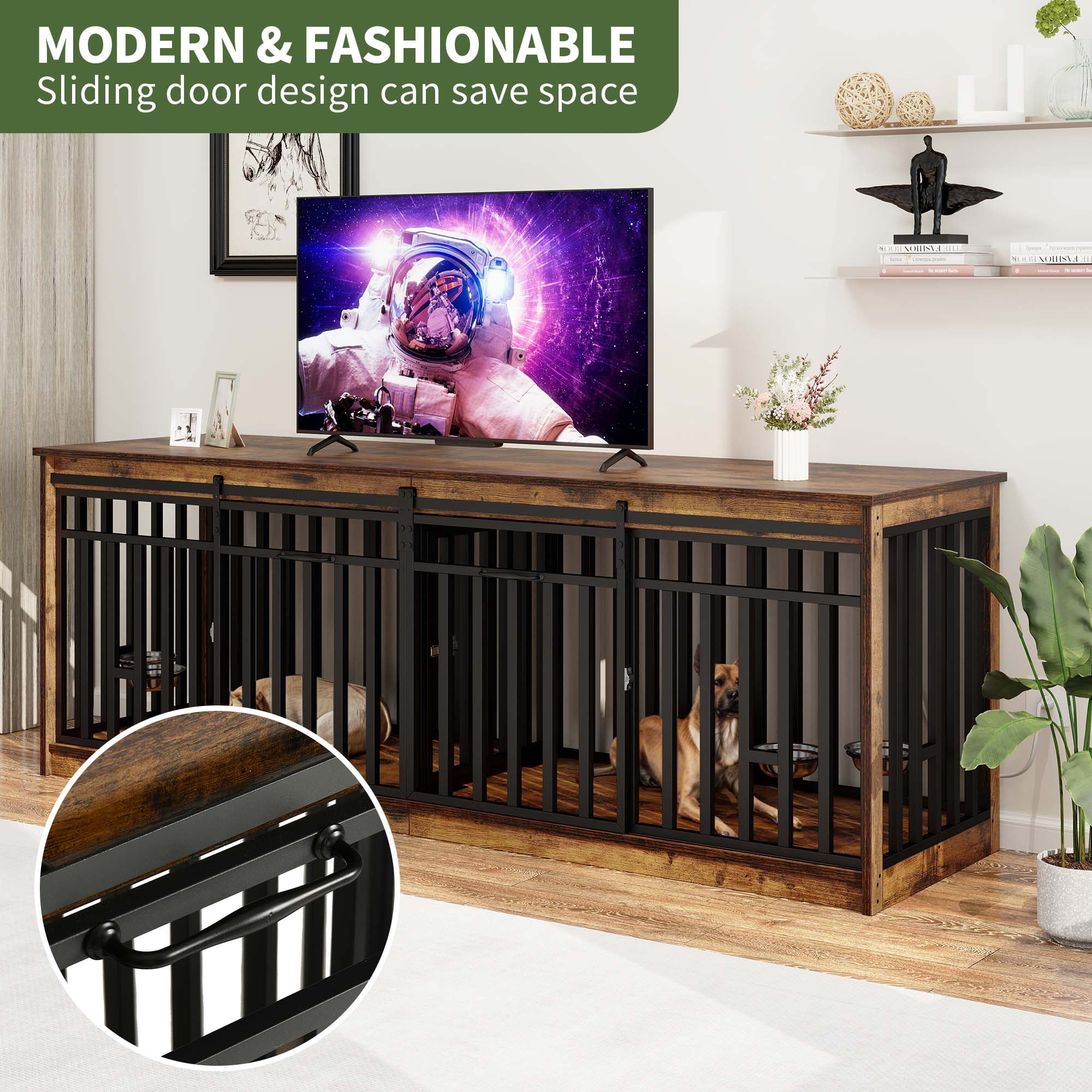Uforic 87" Dog Crate Furniture with Dog Bowl for 2 Large Dogs,Indoor Furniture Style Wooden Large Dog Kennel TV Stand Sliding Doors - Rustic Brown
