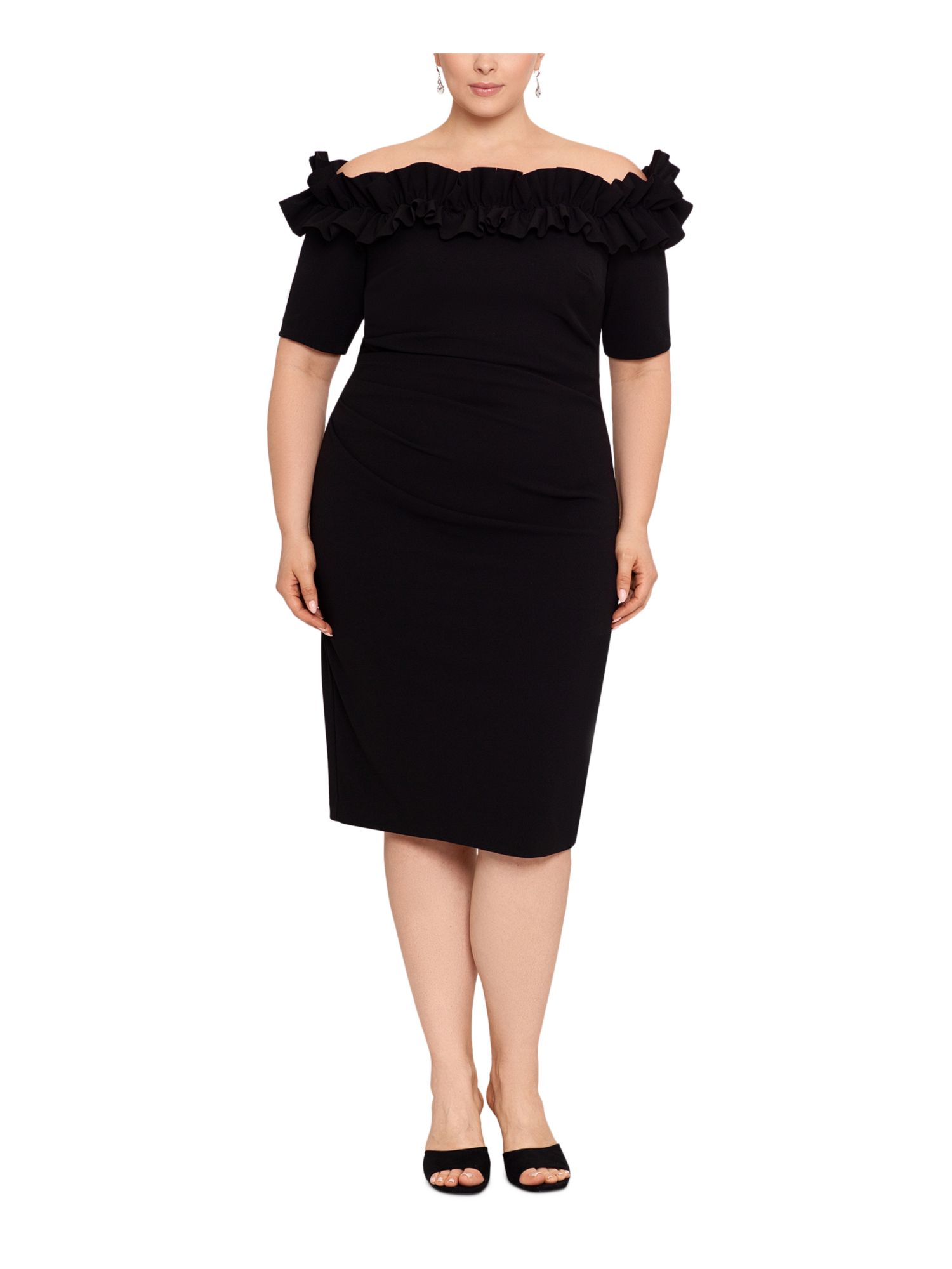 XSCAPE Womens Black Ruffled Zippered Lined Ruched Darted Elbow Sleeve