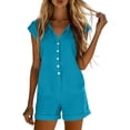 thumbnail image 6 of Women's Short Cuffed Sleeve Utility Rompers Elastic Waist Button Down Cotton Pocketed Jumpsuit Blue XL(XL), 6 of 6