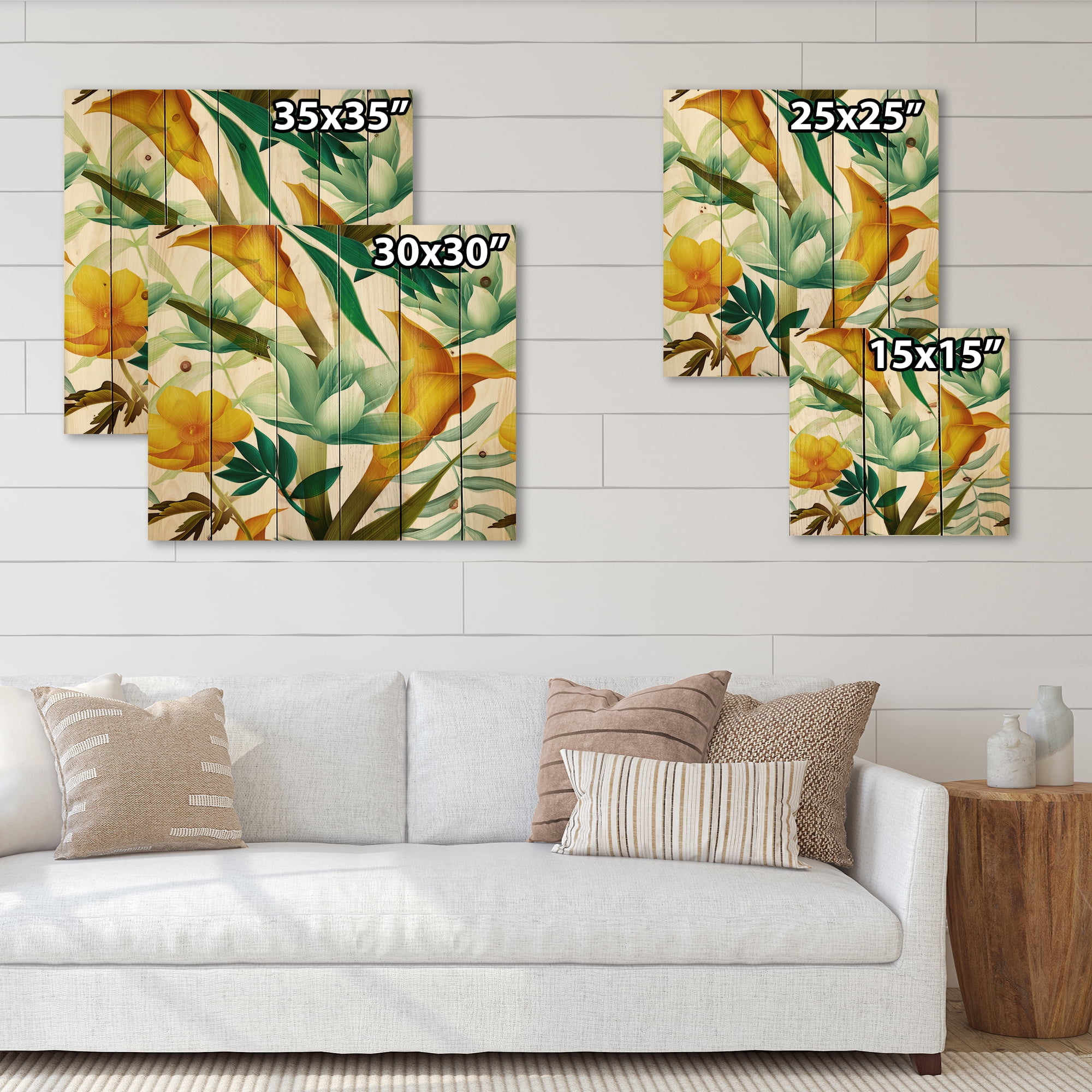 Designart 'Yellow Flowers and Tropical Foliage III' Modern Print on Natural Pine Wood
