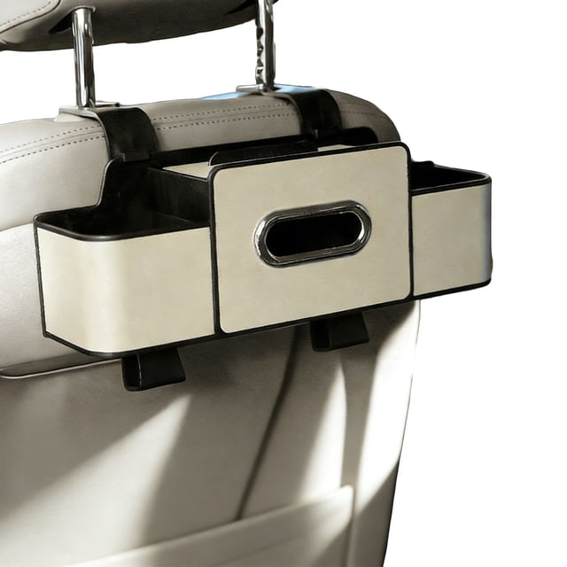 Organizador 3 en 1 para asiento trasero de coche, multifuncional, con 2 portavasos, caja de pañuelos y ganchos para teléfonos, aperitivos, bebidas y bolsos.