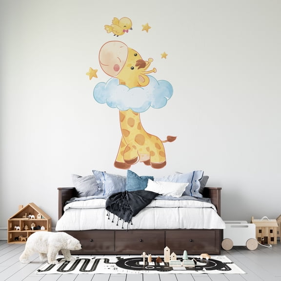 Kids Bedroom Nursery Watercolor Art Giraffe And A Bird Vinyl Wall Decal - 20" x 32" Adhesive Home Art Clouds Stars Decorative Design Removable Living Room Decoration Sticker - Multicolor
