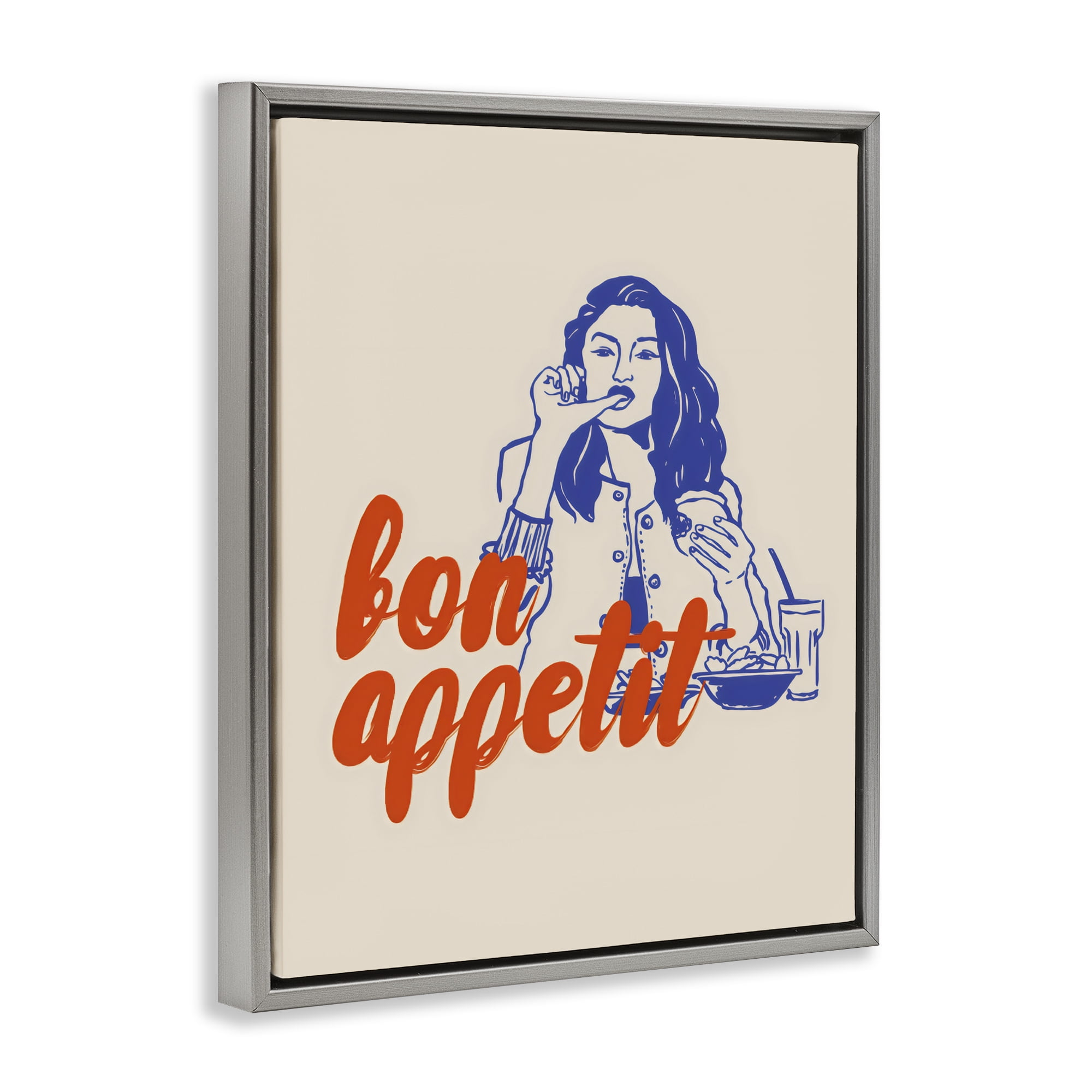 Stupell Industries Bon Appetit Woman Enjoying Meal Gray Framed Floater Canvas Wall Art, design by The Prints Vibe