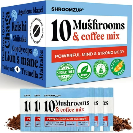 Shroomzup Instant Mushroom Coffee with 10 Mushrooms - 15 Pack with Reishi, Lion's Mane, Chaga, Turkey Tail, Cordyceps Mushrooms