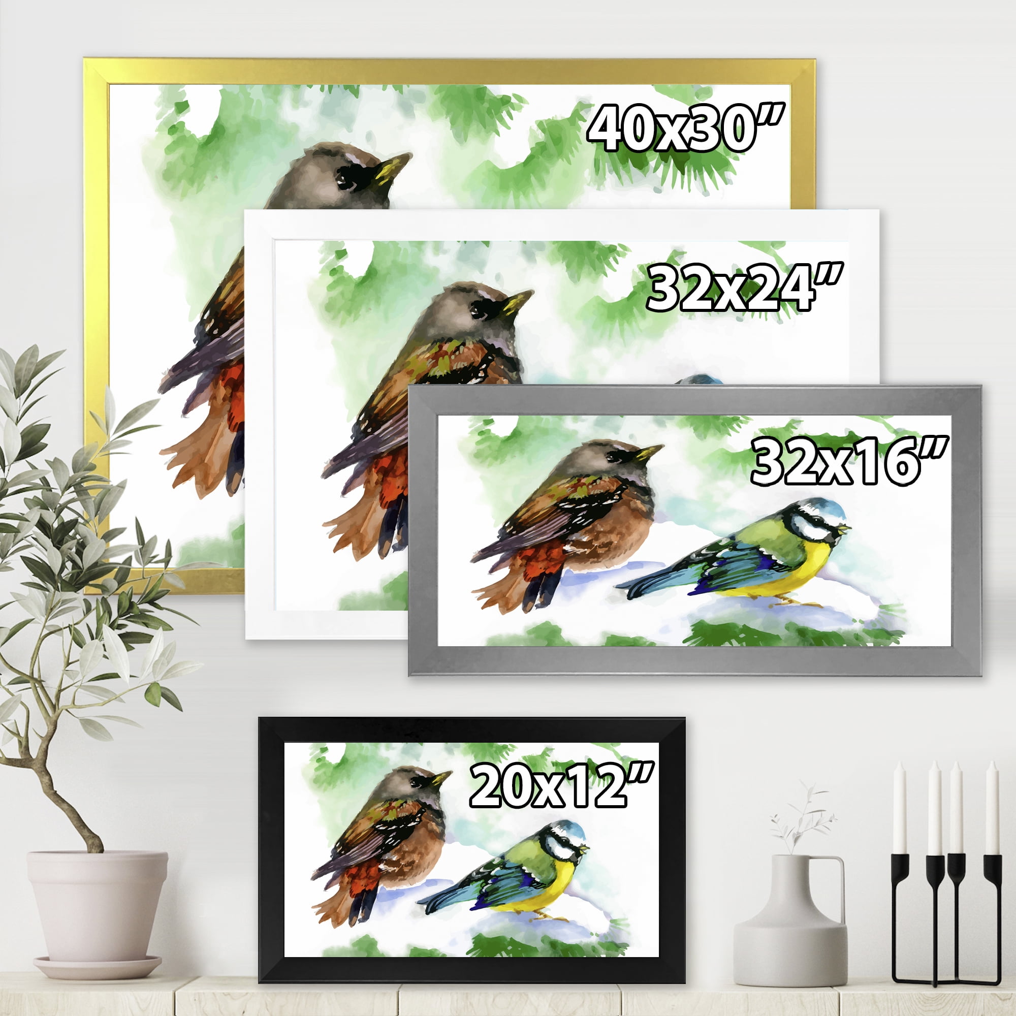 Designart 'Forest Birds Sitting On Snowy Fir Tree Branch' Traditional Framed Art Print
