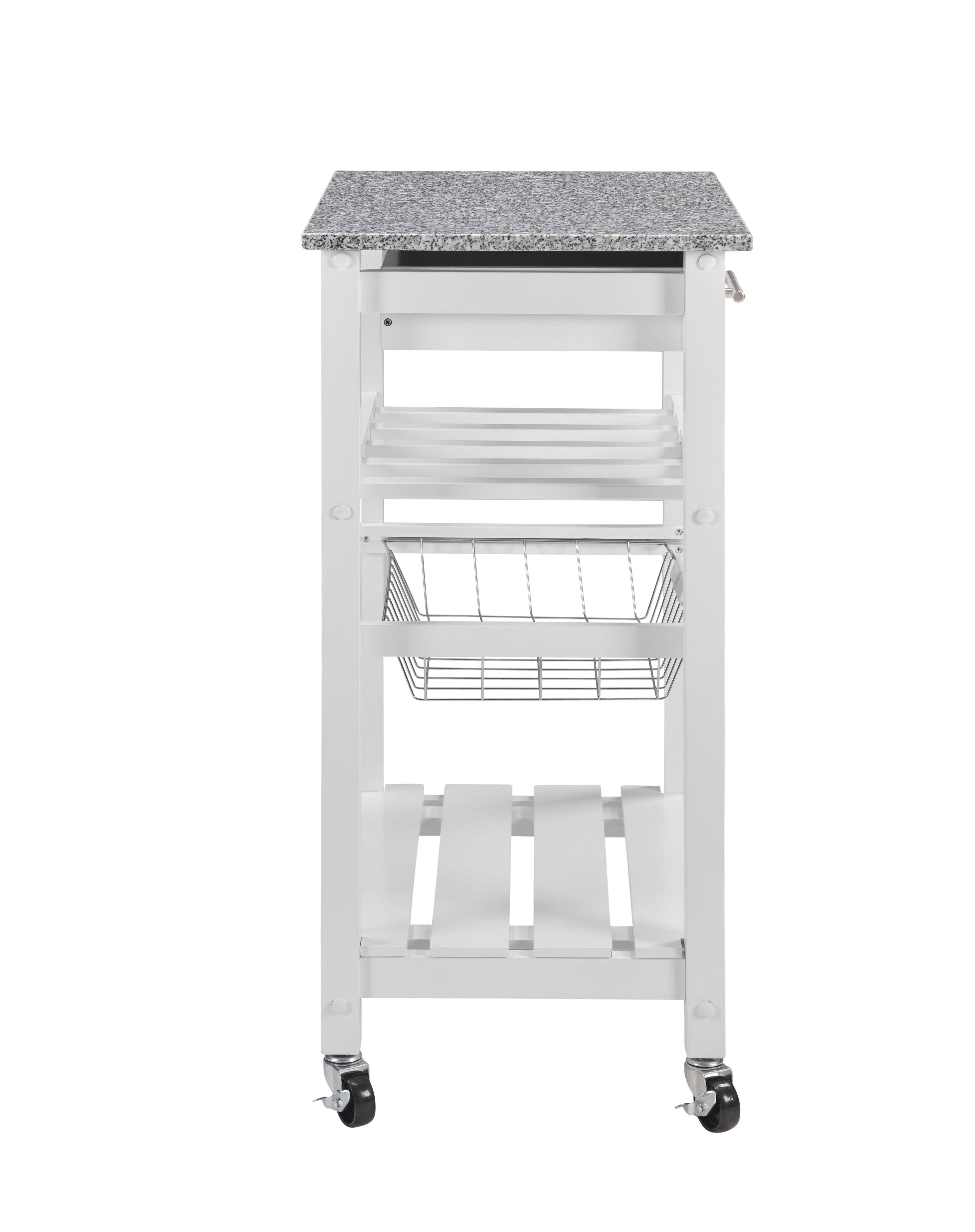 MAYEERTY Mobile Rolling Kitchen Island with Marble Top, Drawer & Storage Basket