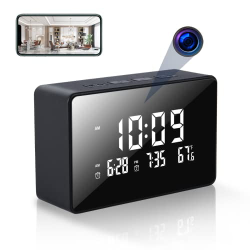Hidden Camera Clock, 1080p HD WiFi Wireless Spy Camera Alarm Clock with Night Vision, Motion Detection, Room Thermometer,Loop Recording Wireless Security Camera Nanny Cam for Home/Indoor Surveillance