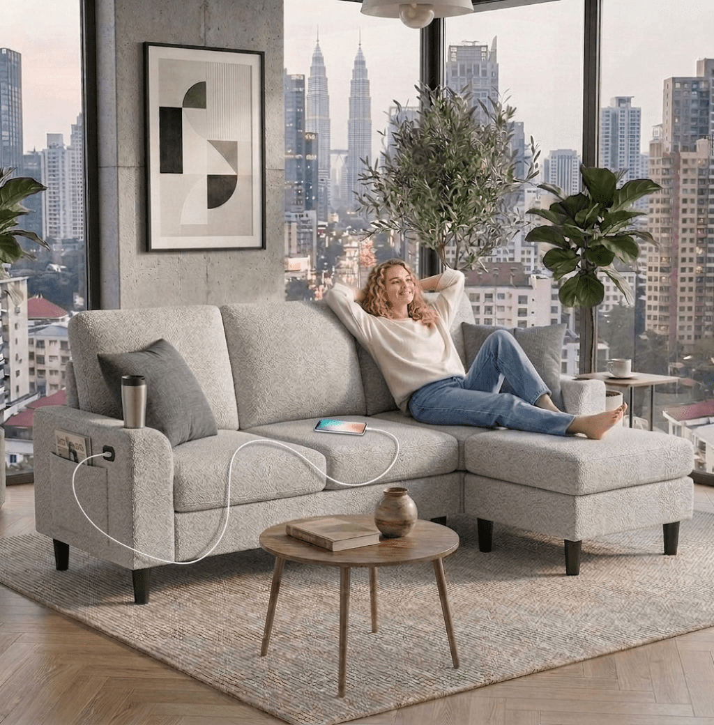Howcool 80" Convertible Sectional Sofa Couch, L-Shaped Loveseat with Storage Ottoman, USB Ports, Cup Holders & Deep Seats, Modern Teddy Fabric Couch for Apartment Living Room Small Space, Light Grey