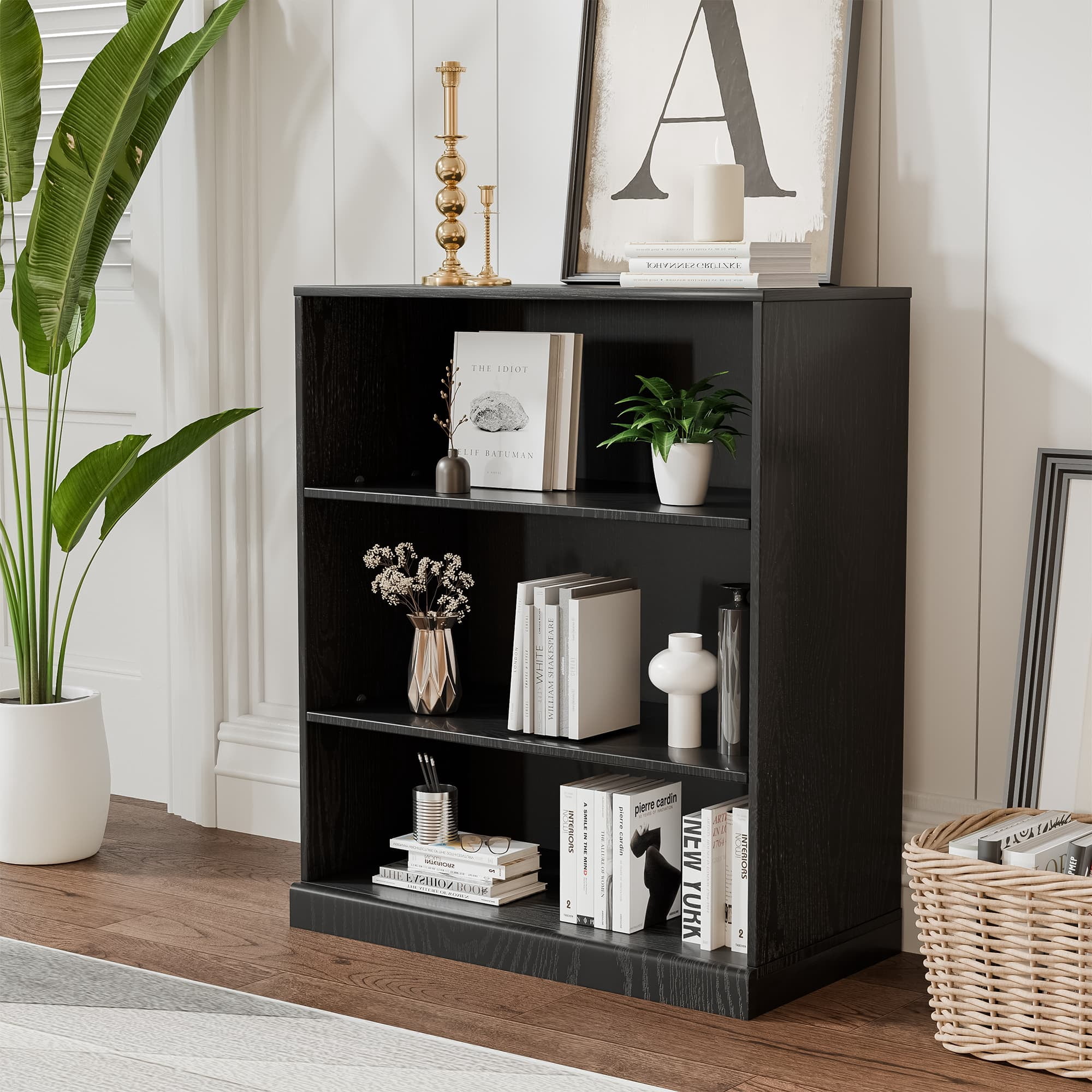 MAYEERTY 3-Shelf 16*31*36"Black Wood Grain Bookcase with Adjustable Shelves, Durable Storage for Home or Office