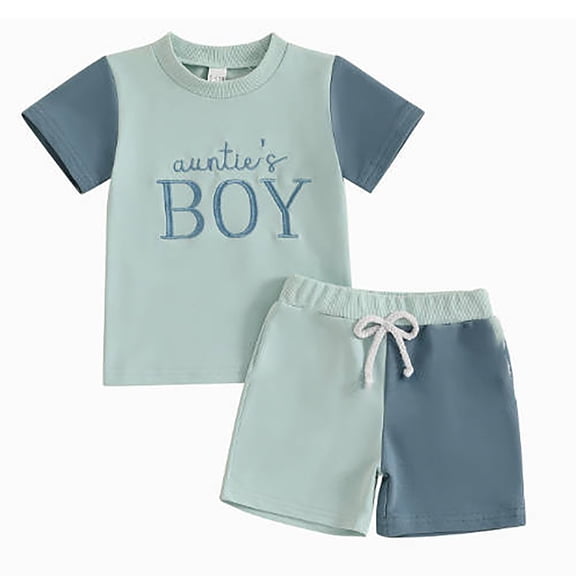 Toddler Boys' 2 Piece Outfits Short Sleeve Color BlockLetter Print Kids' Tee And Shorts For Summer Back to School Clothes Size 12-18 Months