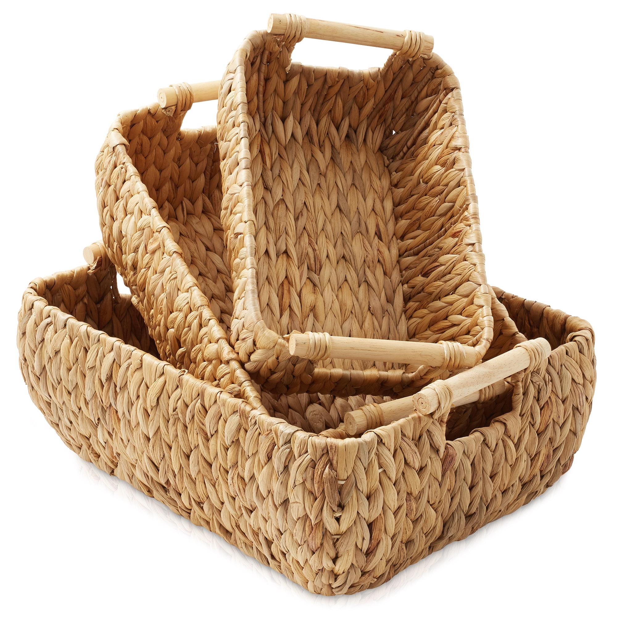 Casafield (Set of 3) Water Hyacinth Oval Storage Baskets with Wooden Handles - Small, Medium, and Large Woven Nesting Baskets