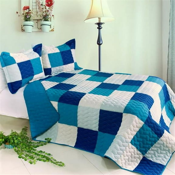 Blue Crystal 3 Piece Full/Queen Vermicelli Patchwork Quilt Set