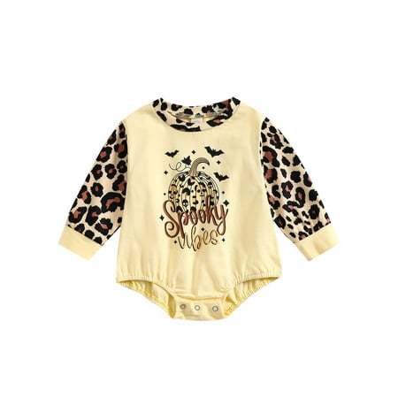 

aturustex Halloween Baby Girl Boy Romper Shirt Pullover Long Sleeve Round Neck Pumpkin Print Loose Romper Yellow